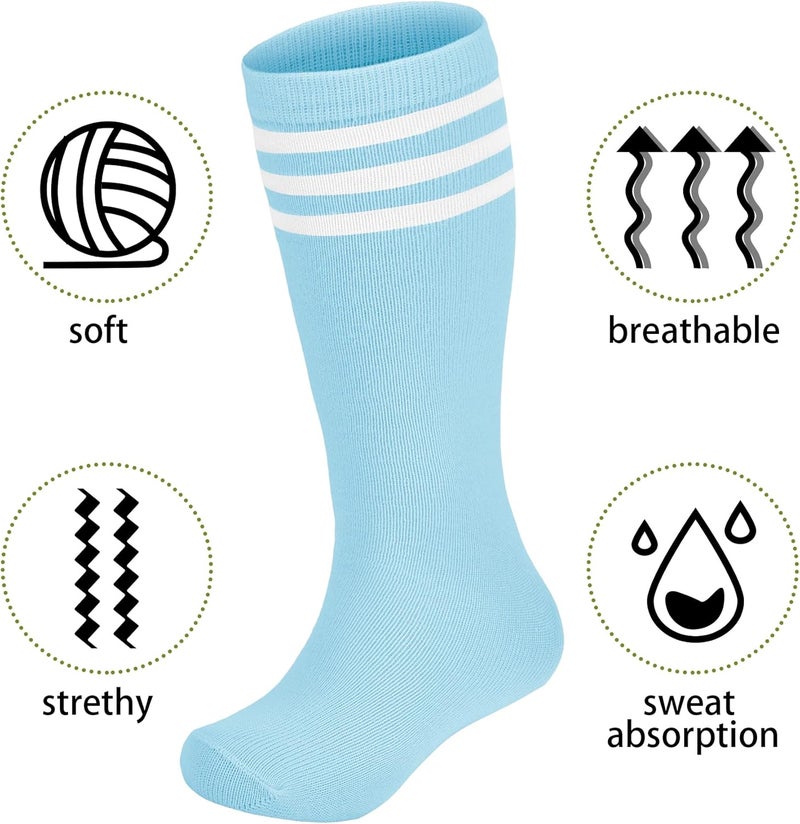 Zando Soccer Socks Girls 6-9 Years Youth Softball Baseball Athletic Soprt Knee High Stripe Tube Socks for Boys Girls High Stockings 6-9 Years Light Blue - Image 2